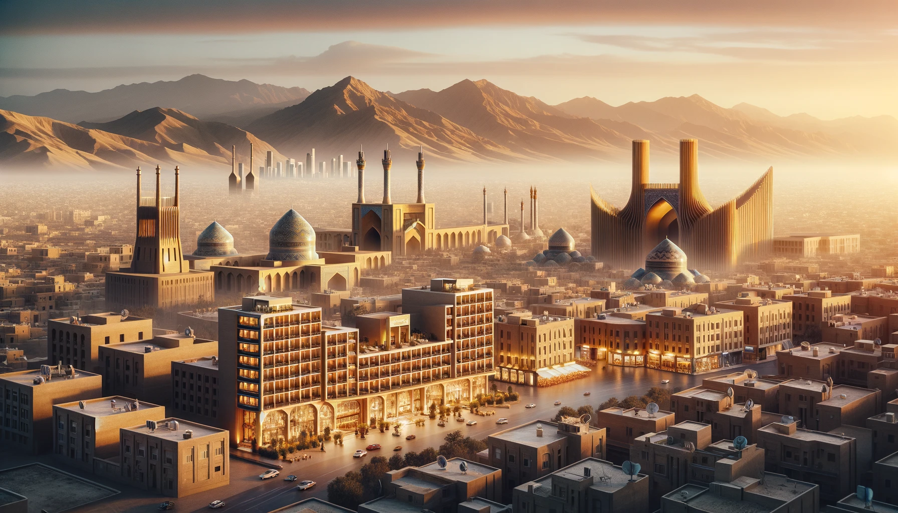DALL·E 2024-03-11 15.28.24 - Create a photorealistic image showcasing the skyline of Yazd with prominent landmarks like the Atashkadeh, and include a blend of its best hotels in t